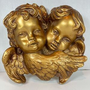 Antique 3D Cherub Angels Plaster Chippy Gold Baroque Heavy Vintage Wall Art